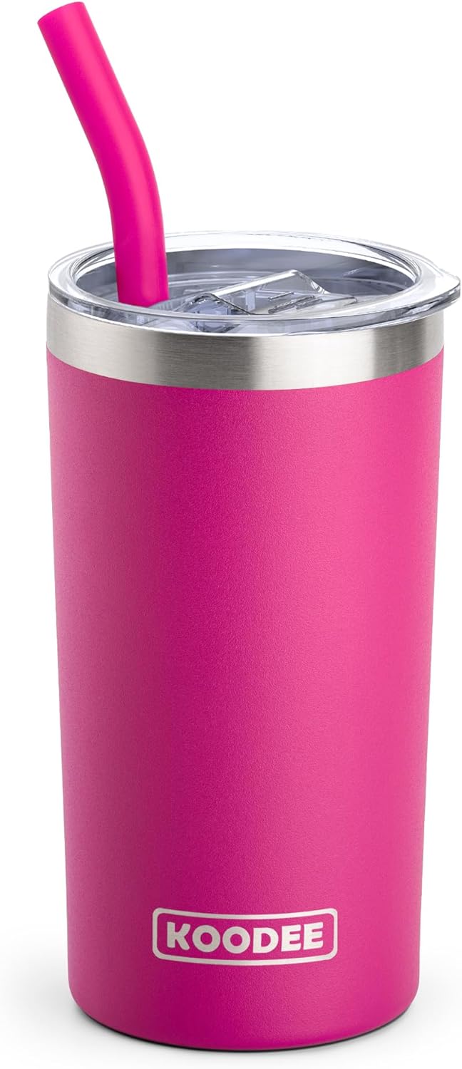 koodee 12 oz Tumbler with Lid and Straw-Stainless Steel Double Wall Vacuum Insulated Tumbler Travel Coffee Cup for Women (Rose Red)