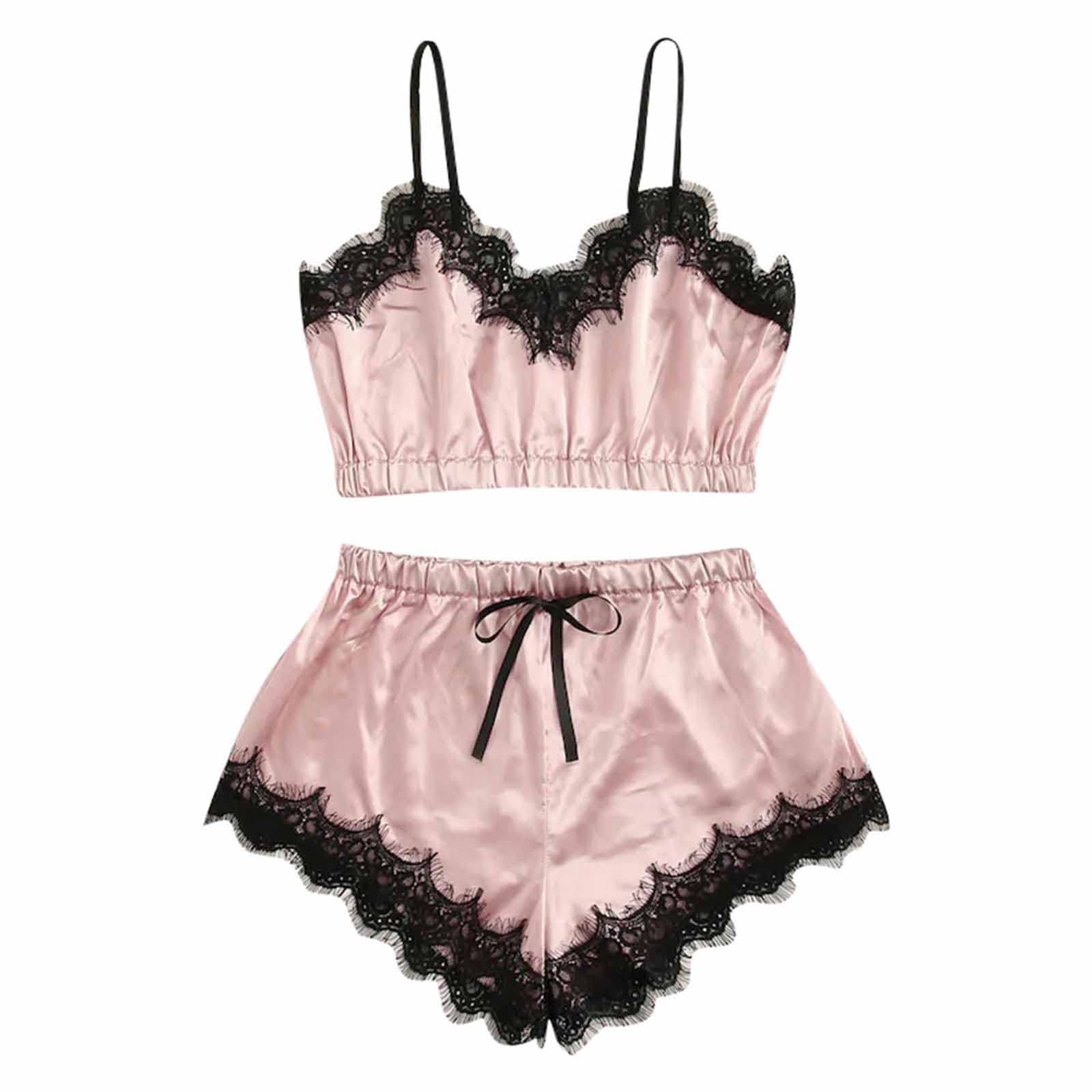 Pajamas for Women Set Sexy Lace Trim Satin Cami Top Shorts 2 Piece Lingerie Set Soft Comfy Sleepwear Ladies Nightwear