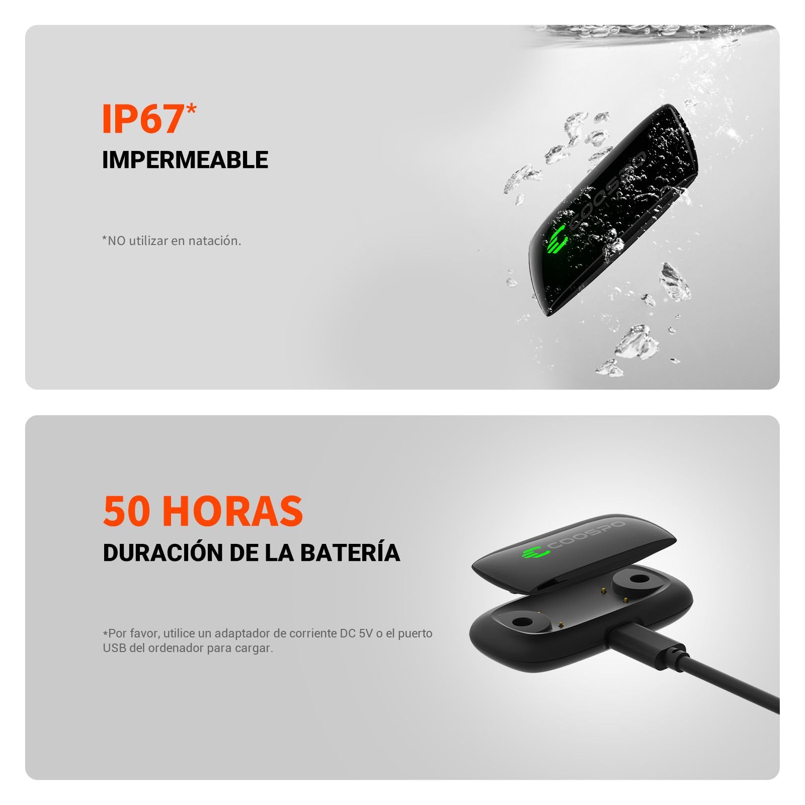 COOSPO H9Z Pulsometro Rechargeable, Bluetooth 5.0 Ant+ frecuencia cardíaca HRM Fitness Tracker IP67 Impermeable, Heart Rate Monitor Compatible con Wahoo Zwift Strava Elite HRV