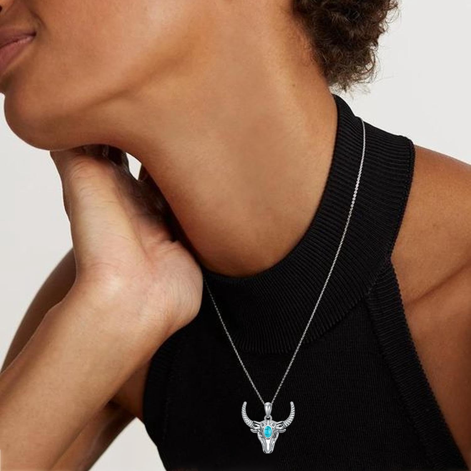 Genuine Bull Head Turquoise Pendant Necklace, Sterling Silver Native Western Boho Native Jewelry December Birthstone Birthdays Gift, 18''+2'' - Image 2