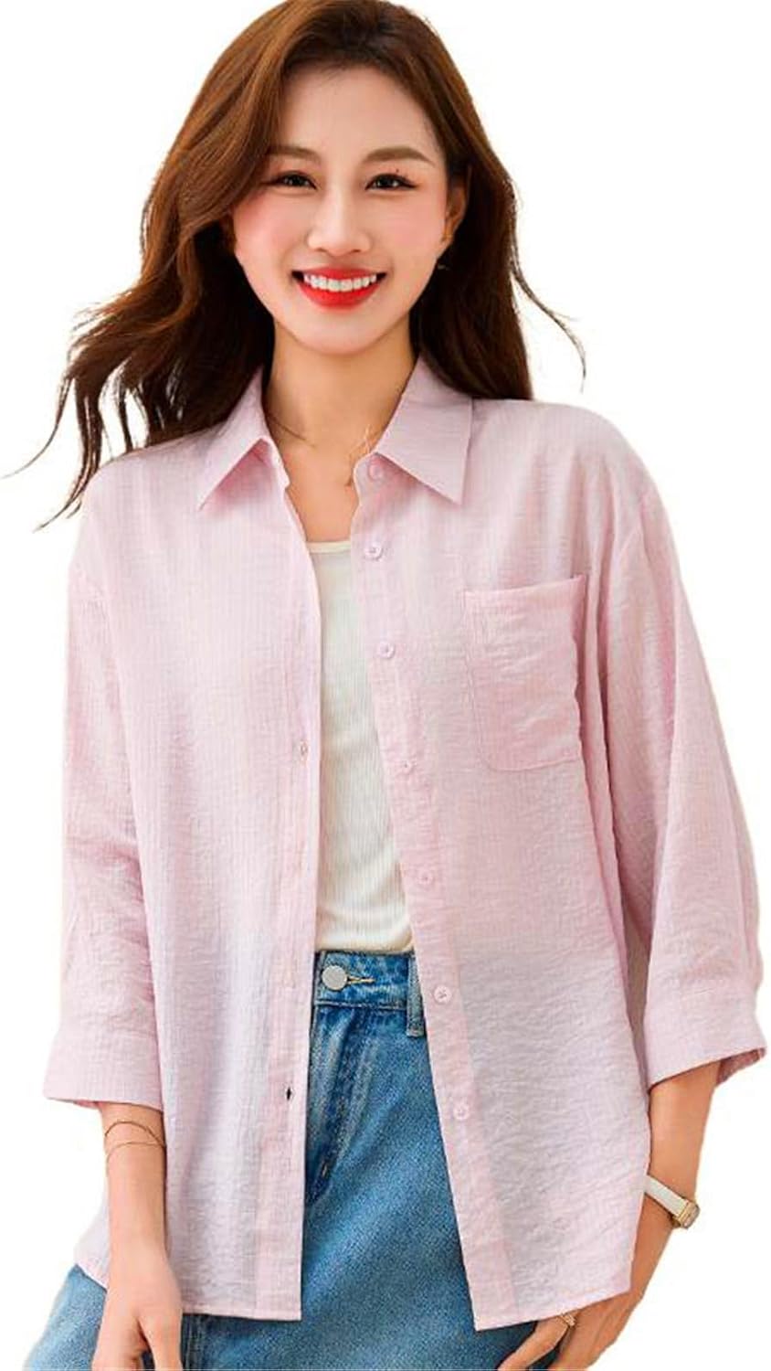 Women's Button Down Shirt V Neck Casual Tops Thin Summer Loose Blouse for Women