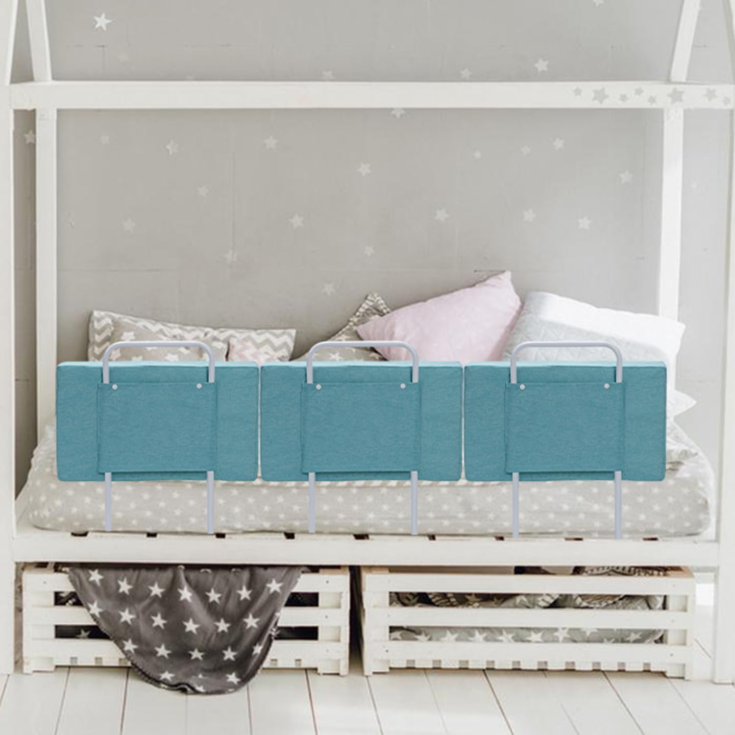 3 barandillas de cama de 50 cm para cuna, protección anticaídas, suave, altura regulable, 5 agujeros, verde, lino verde