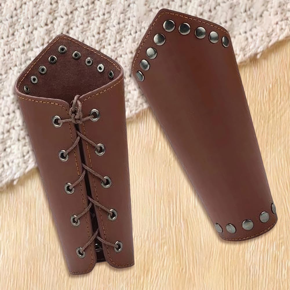 CALFOVERA 2PCS Medieval PU Leather Knight Arm Gauntlets Adjustable Viking Leather Bracers Renaissance Arm Guards Vintage Wrist Bracelets Cuff Wristband for Cosplay Halloween Men Women(Brown) - Image 3