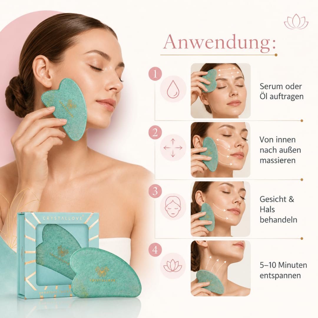 CRYSTALLOVE Gua Sha Stein aus Amazonit – Gesichtsmassage Tool Limited Edition – Gua Sha für Gesicht, Hals & Dekolleté – Lymphdrainage & Anti Aging Beauty Tool