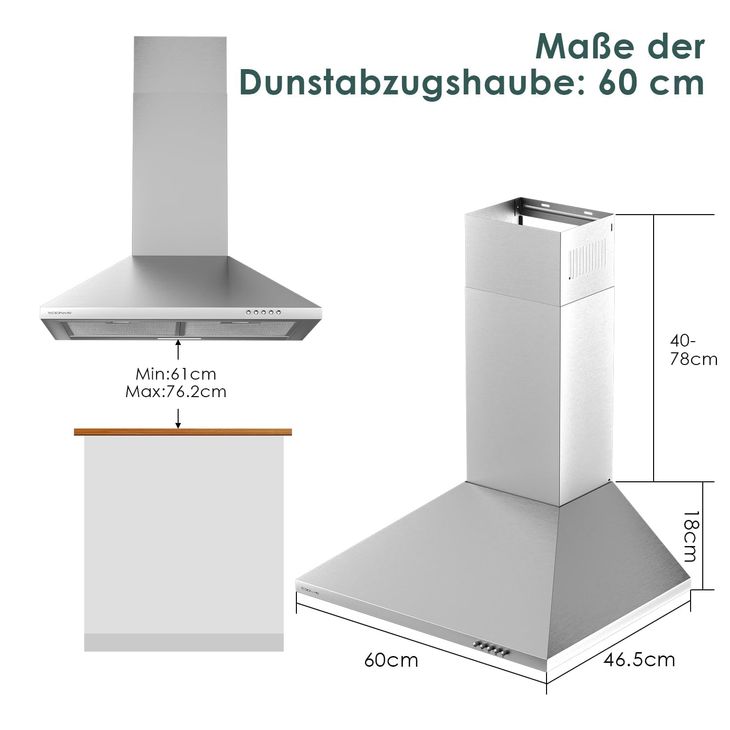 Dunstabzugshaube 60cm Umluft 350 m³/h Pyramide Edelstahl Silber 3 Leistungsstufen