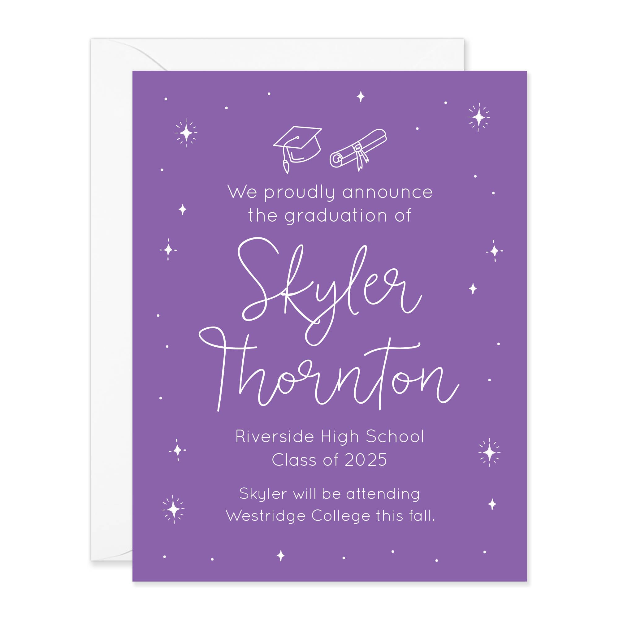 Hello Love Goods Amethyst Purple and White Modern Stars Hand-drawn Graduation Announcements, 4.25x5.5 Personalized High School or College Class of