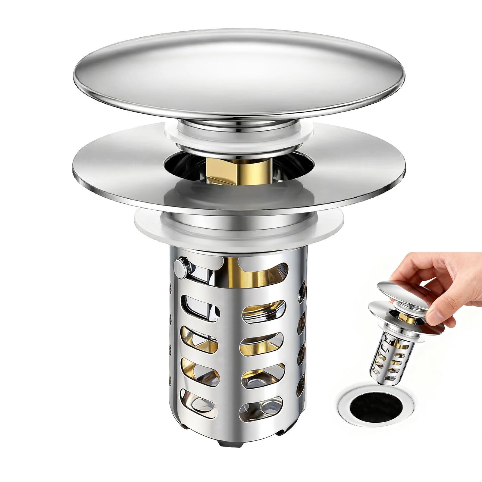 HUAERSICO Waschbeckenstöpsel Pop Up Edelstahl Abflusssieb, Universal Abflussstopfen mit Sieb für Waschbecken (28,5-55 mm Loch-Ø), Messing Kern, Anti-Verstopfung