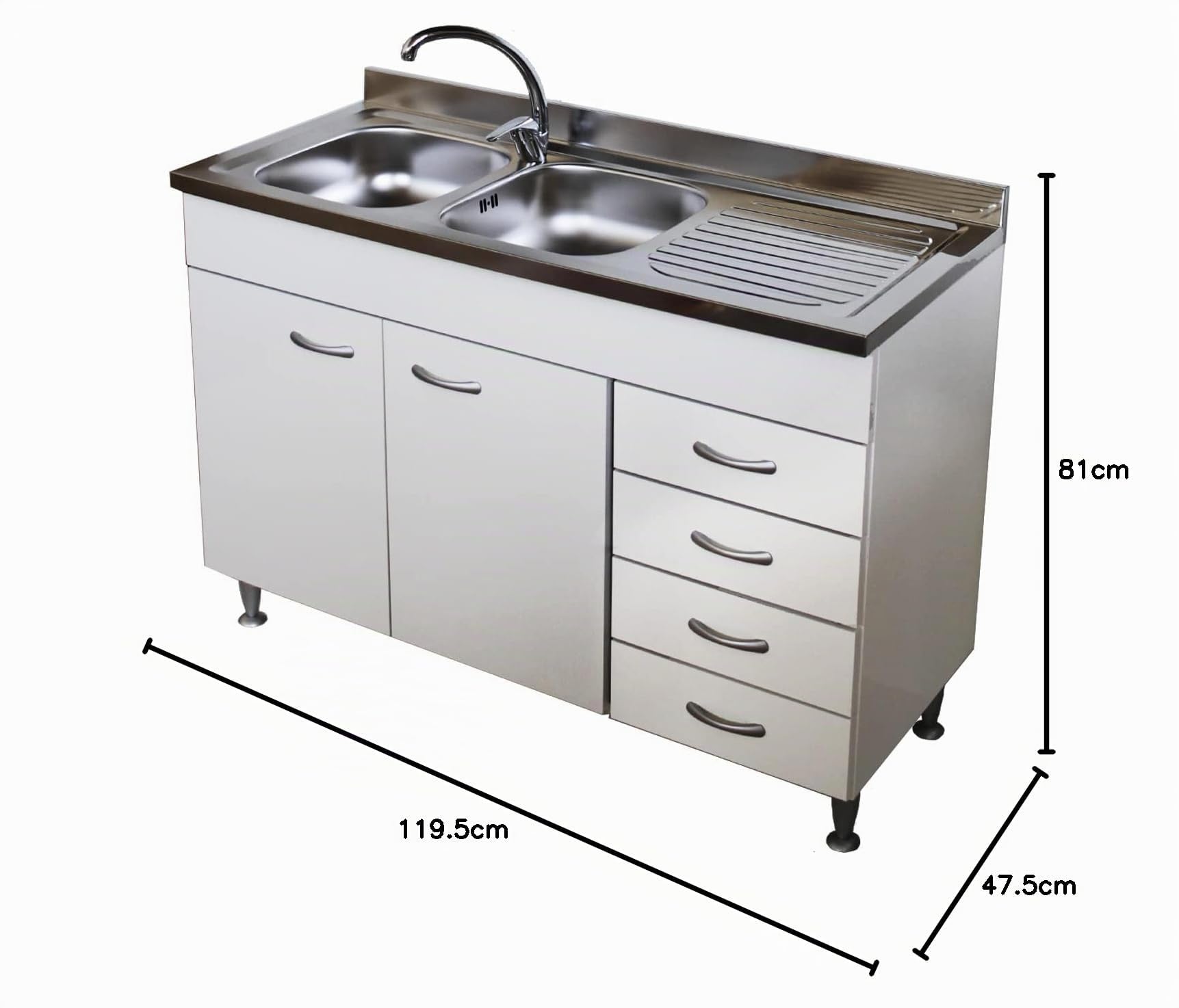 Mobile Cucina 120cm 2 Ante, cassettiera DX, lavello Inox, scolapiatti e pensile, Bianco