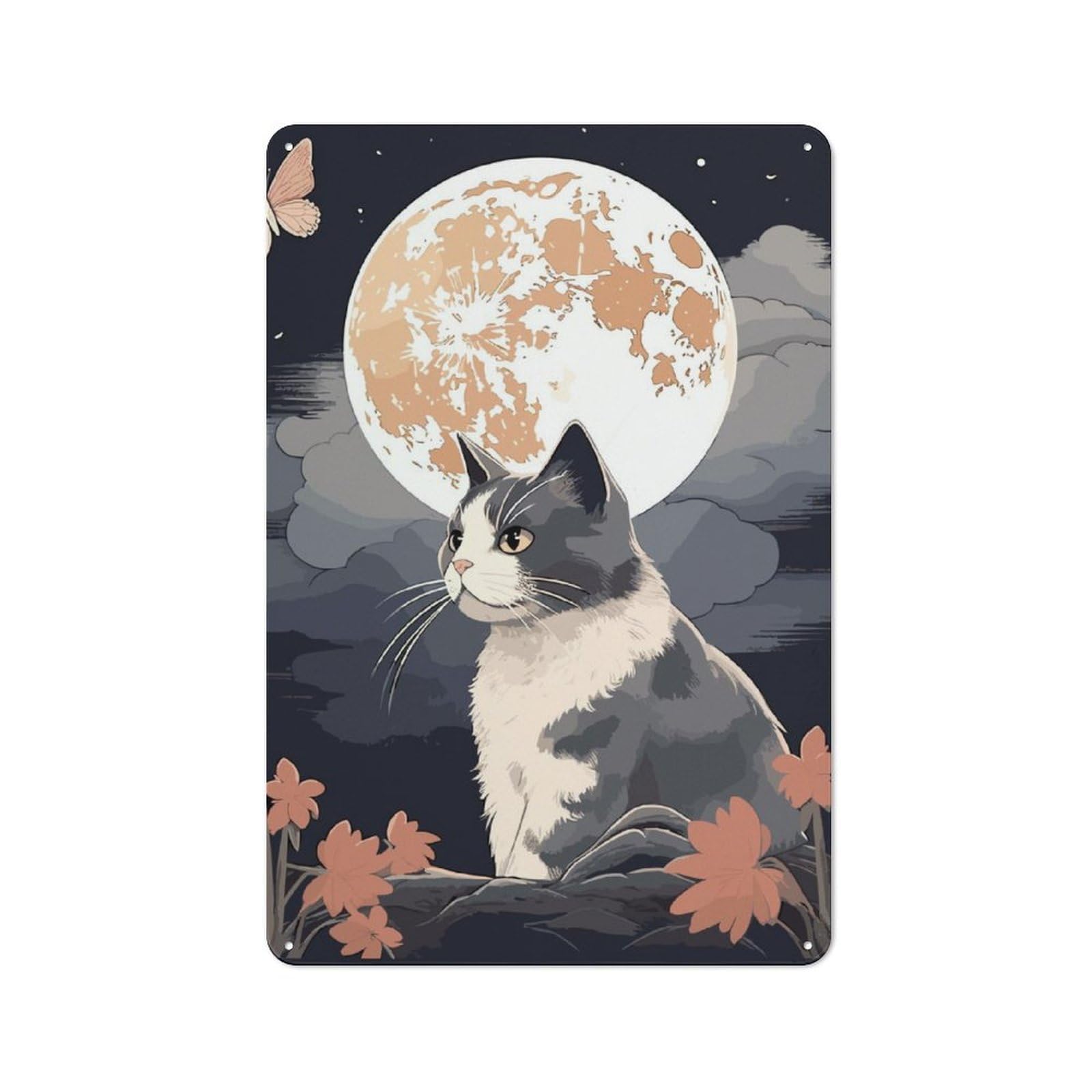 Junmoney The Moon Night Cat Japanth Tin Wall Plaque 30X20cm With For Pub Or Café, For Hospitality Wall Decor Collectors