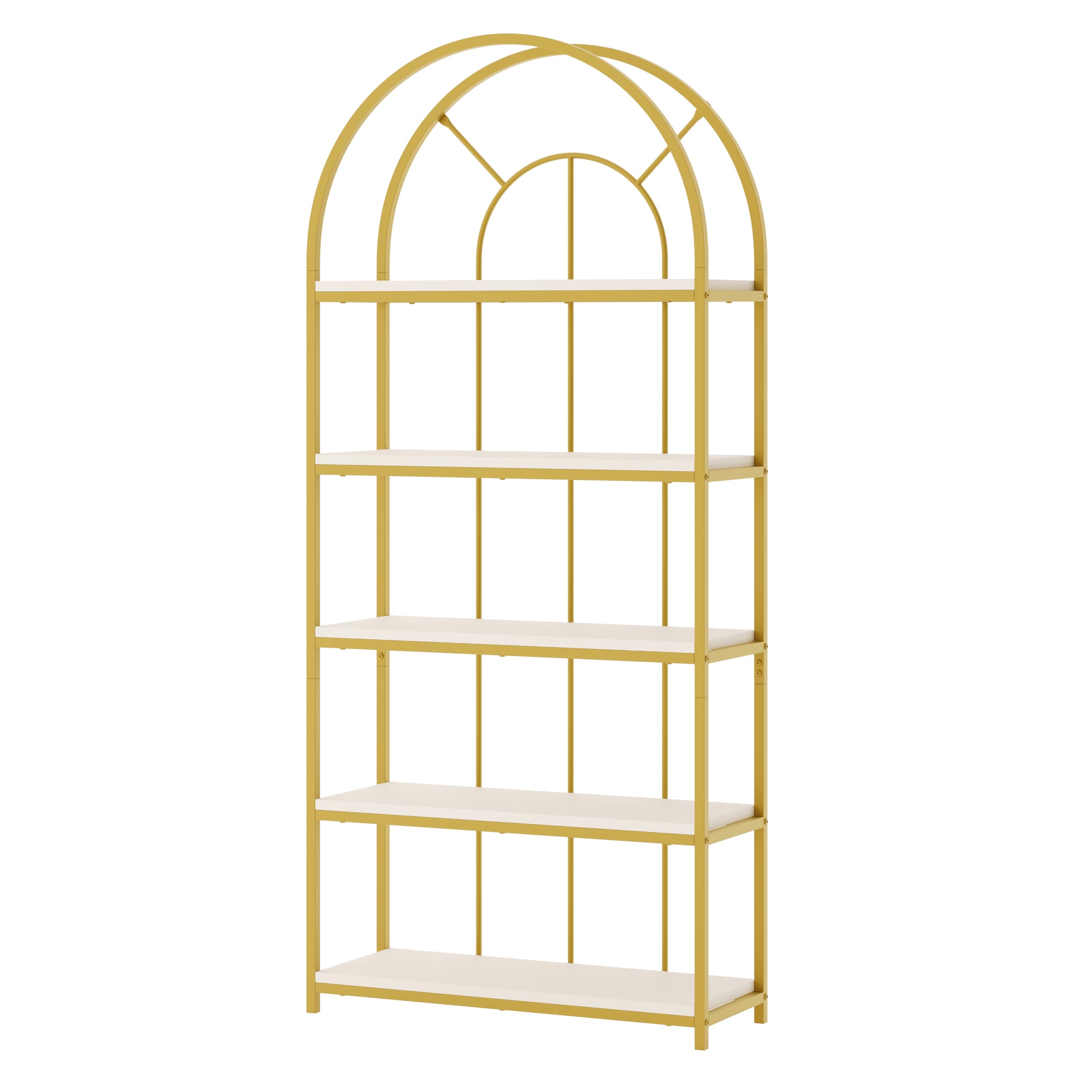 REXO Set di scaffali da 163 x 30 x 184 cm, 3 scaffali modulari con telaio in metallo dorato, pavimenti in MDF bianco e design ad arco. Come scaffale per display e vetrina per soggiorno, cucina e