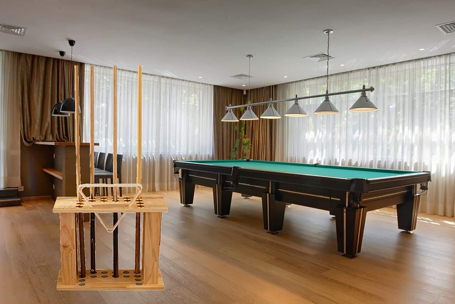 REMYS Billiard Corner Stand -Pool Cue Rack,Holds 16 Cues,Pool Cue Rack,High Density Board,Wood Grain Finish,Pool Stick Holder,Stadium Billiard Table Accessories