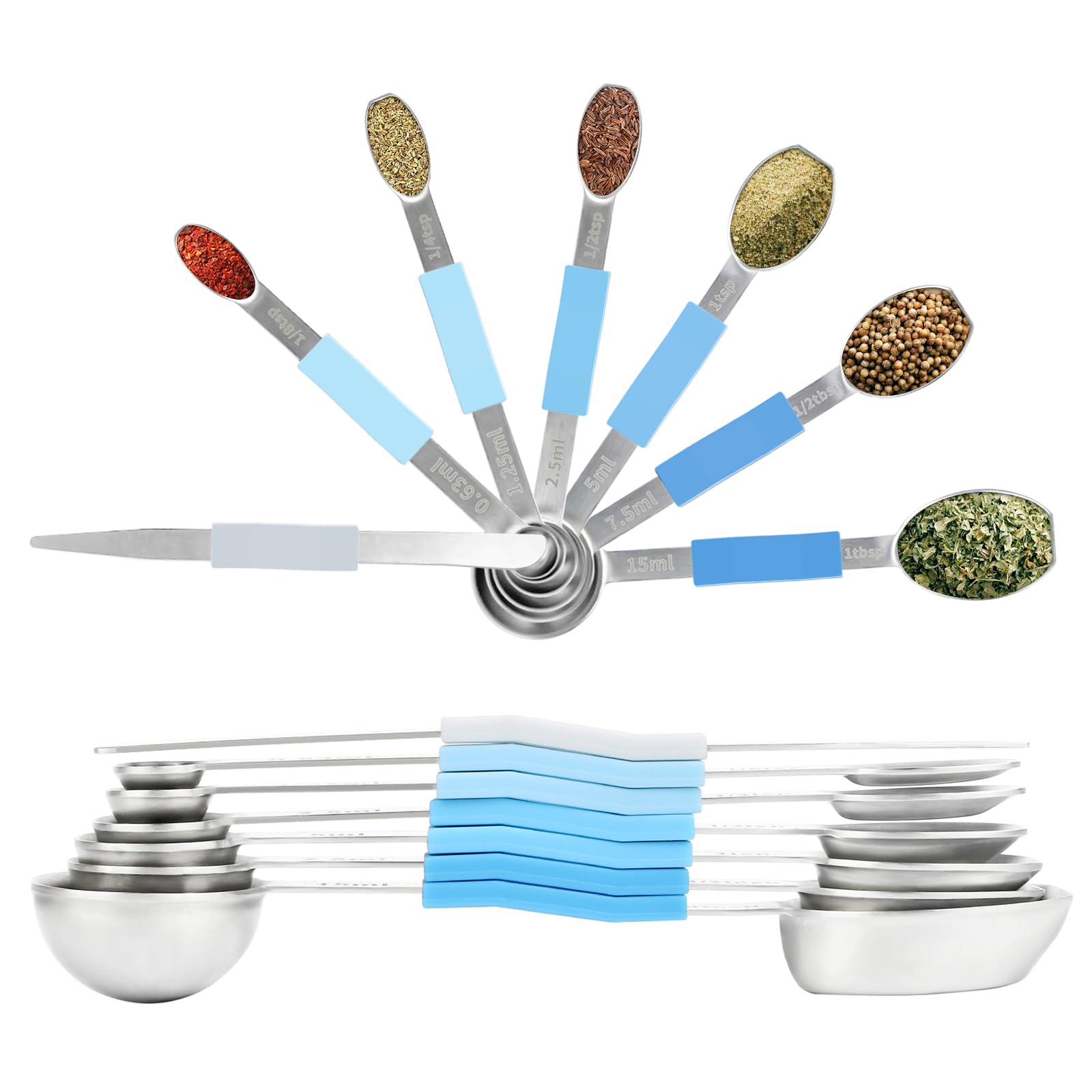 Magnetic Measuring Spoons Set Dual Sided 304 Stainless Steel Measure Spoons with Leveler Nesting Spoon Set of 7 for Liquid and Dry FAVIA