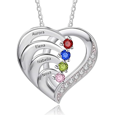 925 Sterling Silver Custom Birthstone Name Necklace Engraved Heart Charm with Your ...