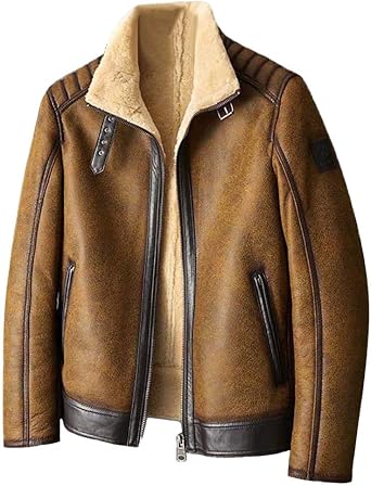 Denny&Dora New Shearling Coat Mens B3 Bomber Jacket Brown Sheepskin Coat Motorcycle Leather Jacket Short Fur Coat