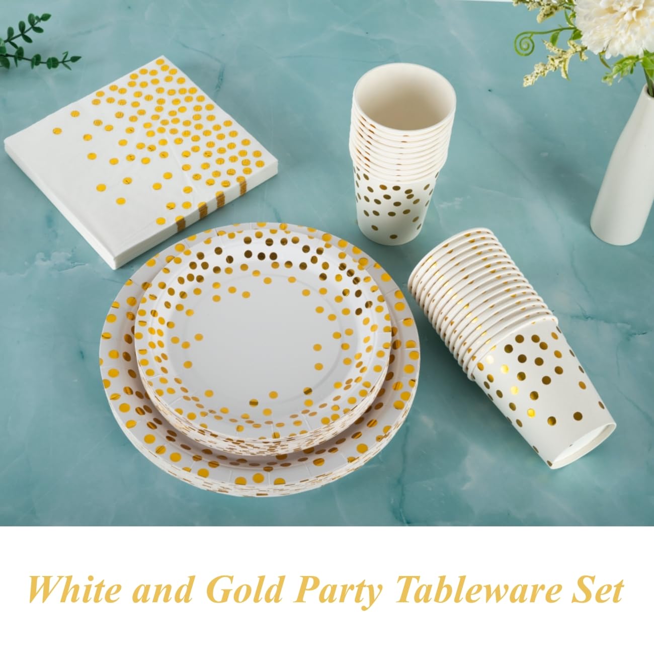CEILIWEN 100PCS White and Gold Party Tableware Set, White and Gold Polka Dot Party Tableware Includes Plates, Napkins, Cups - Image 4