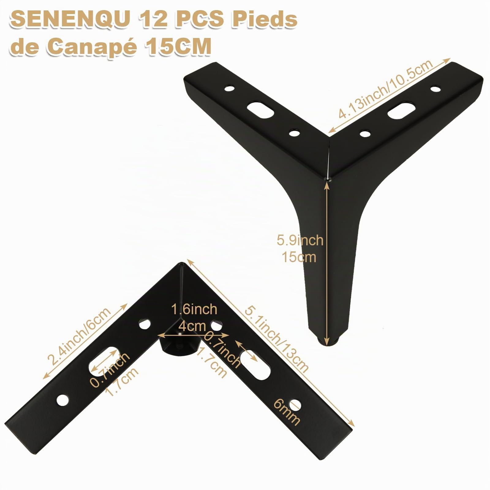 SENENQU 12 Piezas Patas para Muebles Negras 15 cm, Patas para Mesas y Sofá con Tornillos, Pies Metálicos de Acero Resistente para Armario, Mueble de TV y Cama