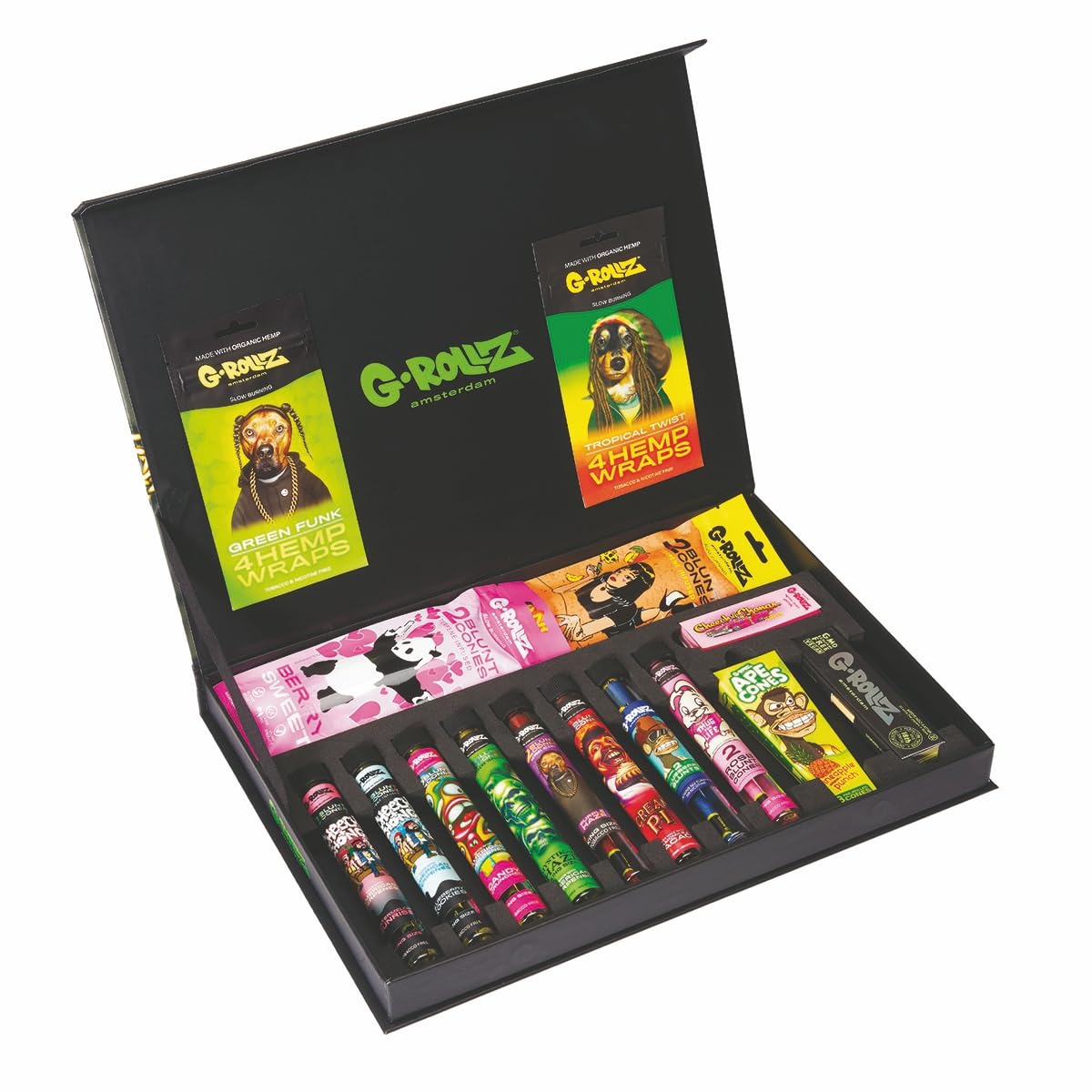 G-Rollz - große Geschenkbox - The Dog Premium Collection - 20x Terpene Infused Blunt Cones (2 King-Size-Kegel je Glasröhrchen),8x Blunt Wraps, 2x rolling Paper, 1x Pop Cone - Exklusive Edition