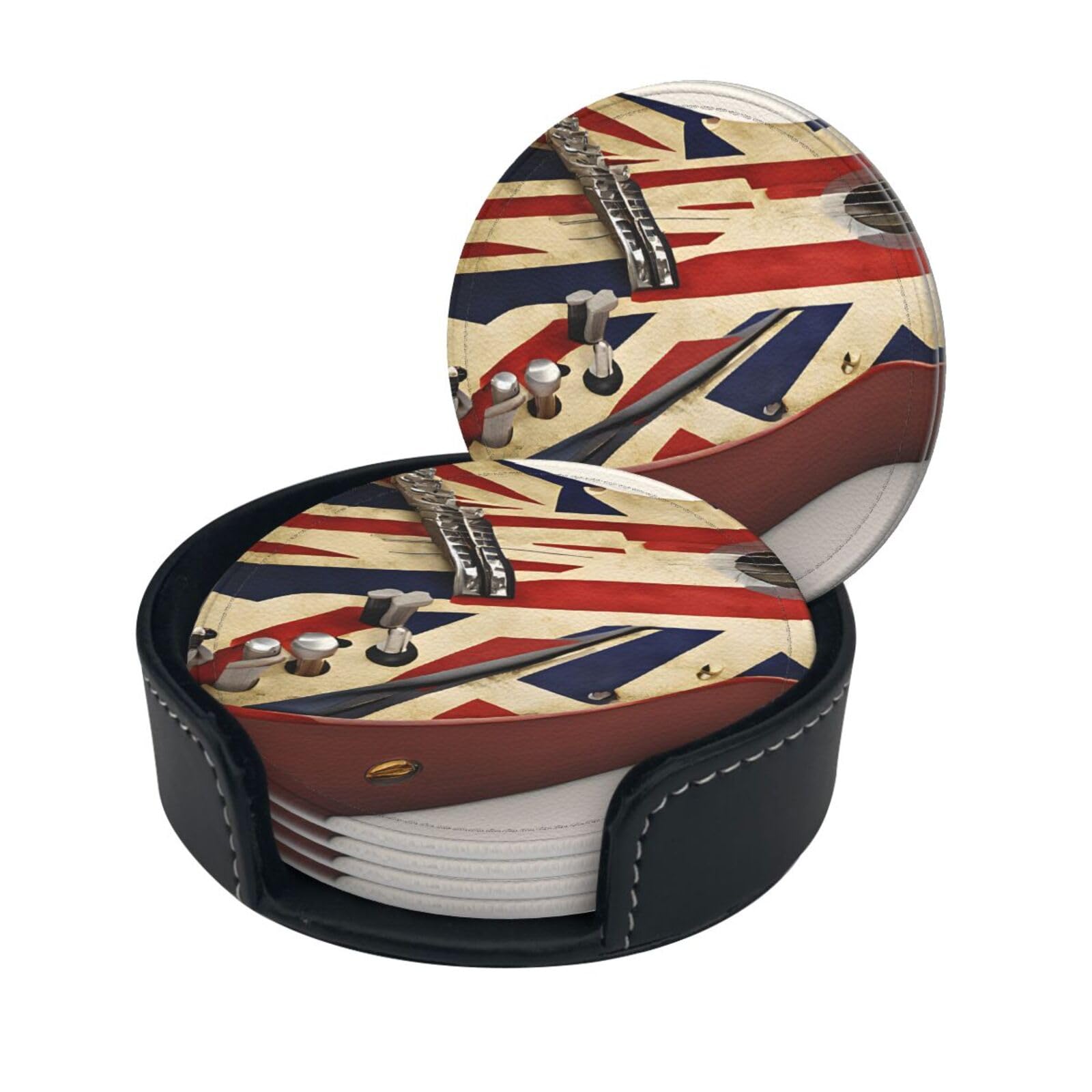 Guitar British Flag Printed Leather Coasters (6-Pack) - Heat Resistant Drinks Cup Mat Pad for Home and Office Decor