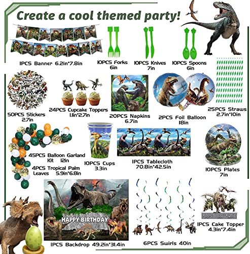 230Pcs Dinosaur Birthday Party Supplies Decoration For Boys Girls Kids, Serves 10 Guests With Banner, Backdrop, Foil Balloons, Stickers, Balloon Kit, Tableware, Cake Topper, Cup Cake Toppers #TOP1