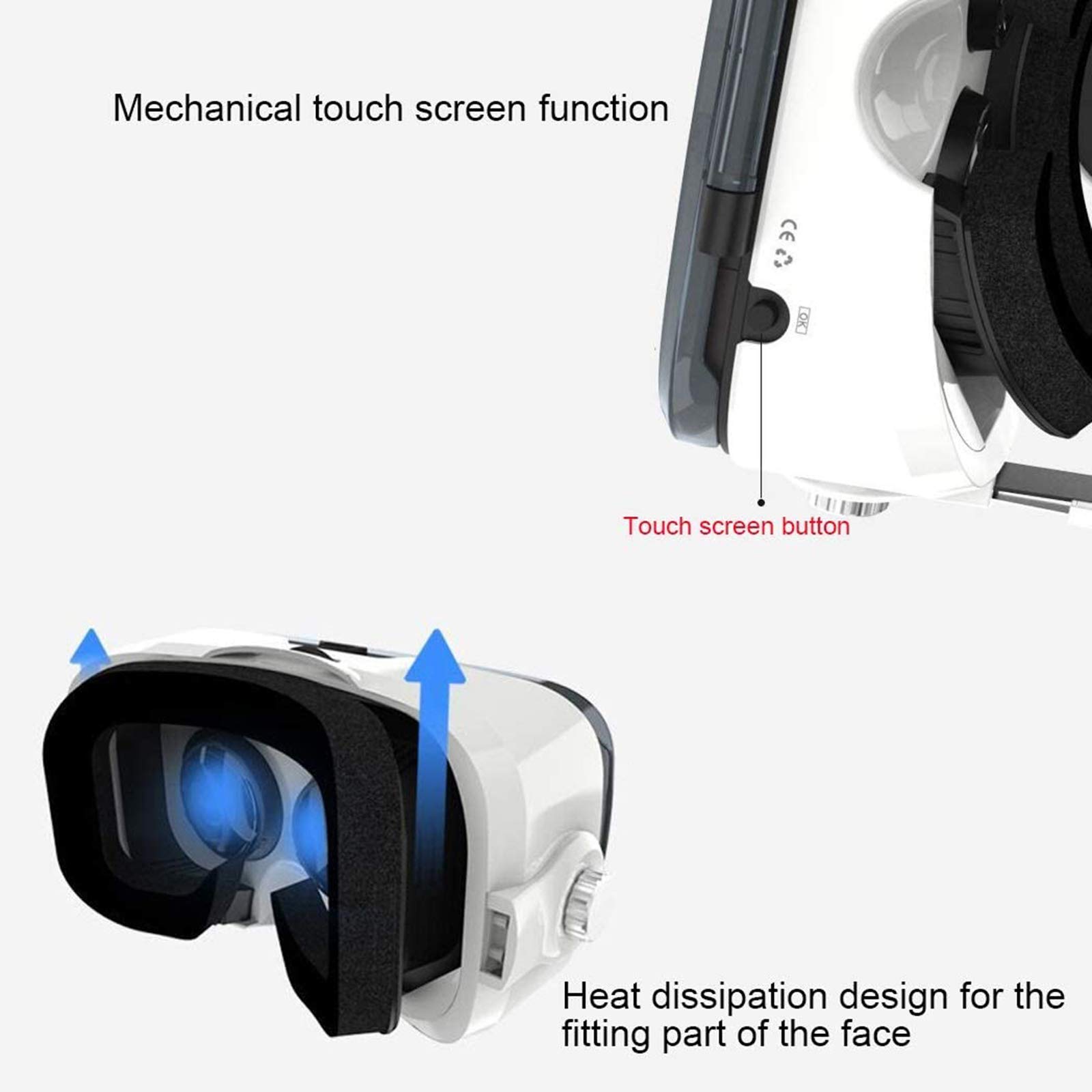 Occhiali VR 3D, Realtà Virtuale Visore, Realtà Virtuale VR Occhiali con Sportello Auricolare e Lenti Regolabili, Regalo Perfetto di Natale e di Compleanno,Bianca