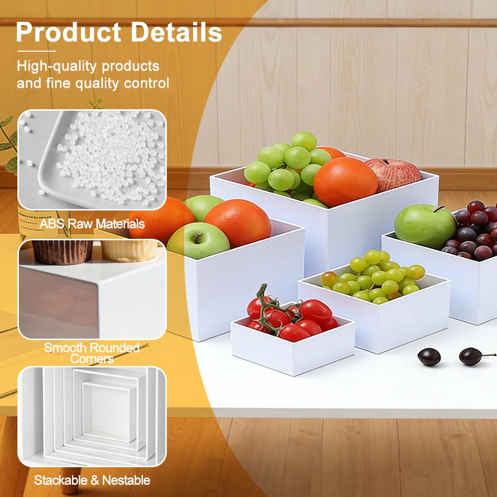 Lot de 6 boîtes en acrylique blanc - Support de buffet en acrylique - Présentoir à dessert avec fond creux - Présentoir à aliments - Buffet en acrylique pour desserts, bijoux, présentoir de cubes avec
