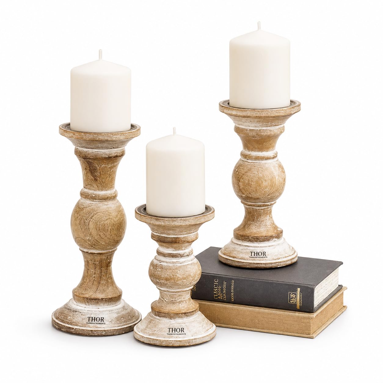 Set di 3 portacandele in legno intagliato a mano, in legno di mango naturale, stile decorativo, tavolo rustico