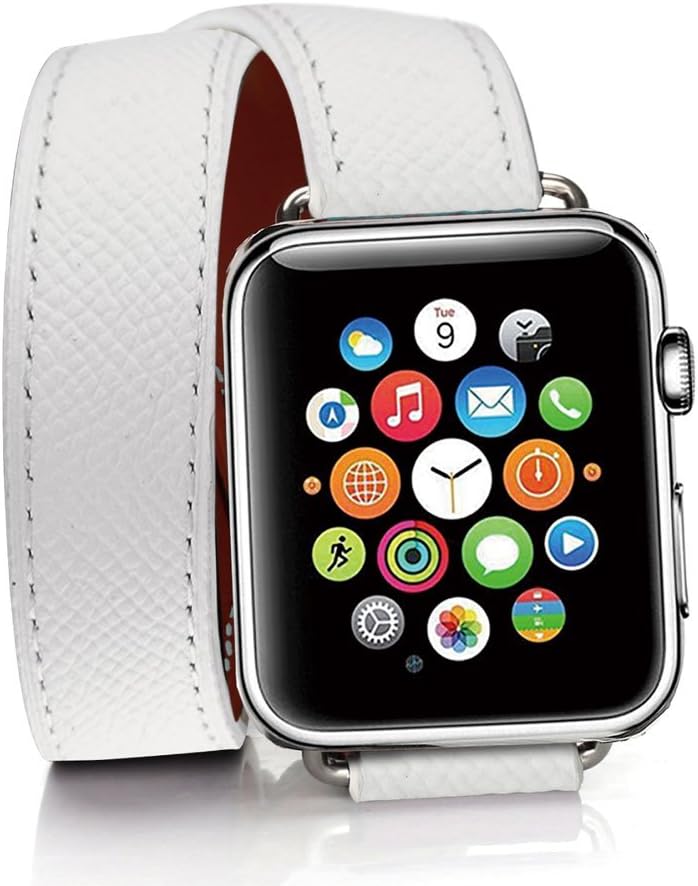 TEXSCOPE Compatible Apple Watch Band, Genuine Leather Double Tour Apple Watch Straps 38mm/42mm with Stainless Steel Adapter Clasp Replacement for Men Women iwatch series3 series2 Series1 (White, 42mm)