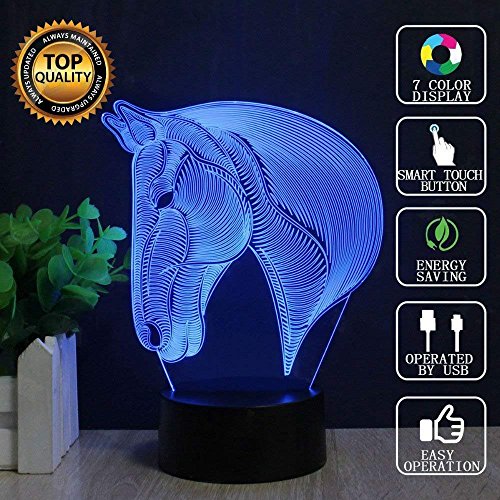 Veilleuse LED 3D Lampe Optique Illusion Enfant Lampe de nuit pour Chambre Chevet Table de Fille Fils Cadeau Anniversaire Surprise Deco Ambiance Créatif avec Câble USB et Télécommande (cheval)