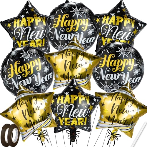 XJYXQF 18 Inch Happy New Year Balloons 2026-9Pcs Gold & Black Large Foil Balloons Kit for NYE Party Decorations, Metallic Star & Round Balloons for New Years Eve Indoor Countdown Celebration