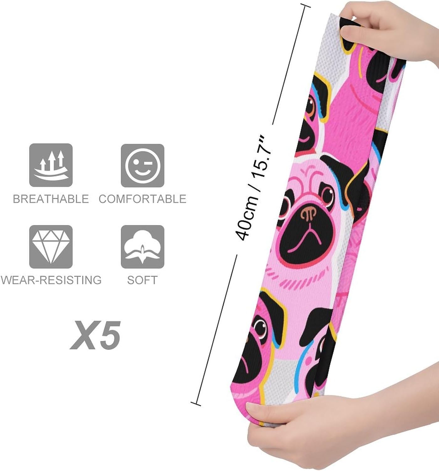 5-Pack Knee High Socks, 15.7 Inch Breathable Casual Socks Colorful Pugs Dogs Stockings for Men Women
