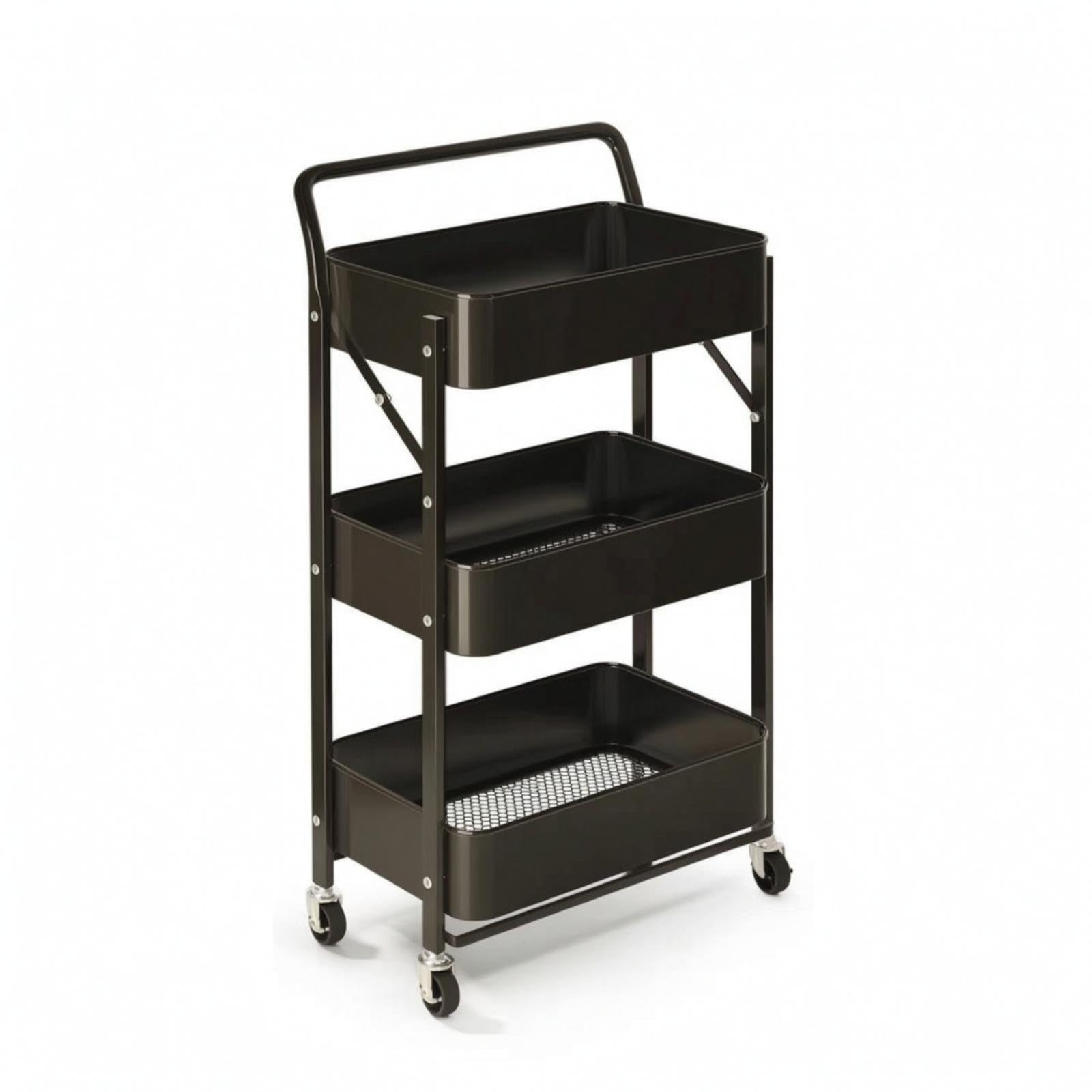 Rolling Cart with Mesh Baskets Space-Saving 3 Tiered Rolling Cart Compact for Students, Kitchen, Dorm Room, Small Apartments Black 3-Tier with Handle-image-5