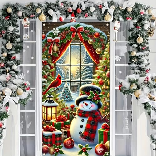 Image of BlissYard Christmas Door Cover 71x35 Inch Snowman Door Banner, Winter Holiday Decoration for Front Door, Indoor Outdoor Porch Backdrop, Merry Christmas Party Hanging Sign for Home Yard Lawn Decor