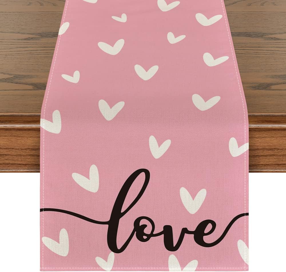 Artoid Mode Pink Love Valentine's Day Table Runner, Seasonal Anniversary Kitchen Dining Table Decoration for Indoor Home Party 13x120 Inch