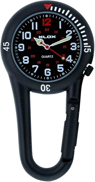 Klox Black Clip on Carabiner Belt FOB Watch for Doctors Nurses Paramedics Chefs
