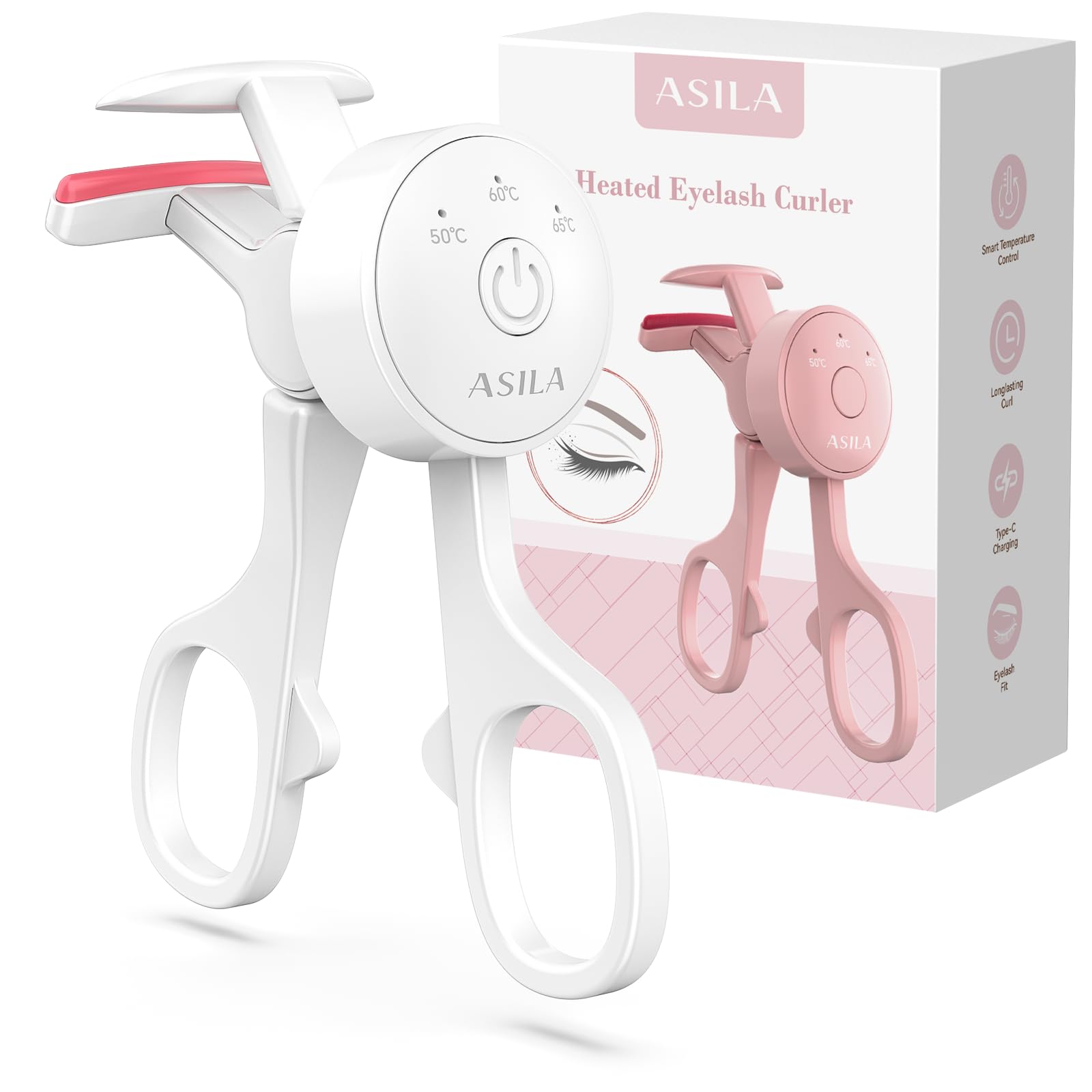 Heated Eyelash Curlers with 3 Heating Modes, C-Shaped Natural Curling, 24 Hours Long Lasting, Rechargeable Electric Eyelash Curler with Type-C, Anti-Burn Mini Lash Curler, Gift for Women Girls, White