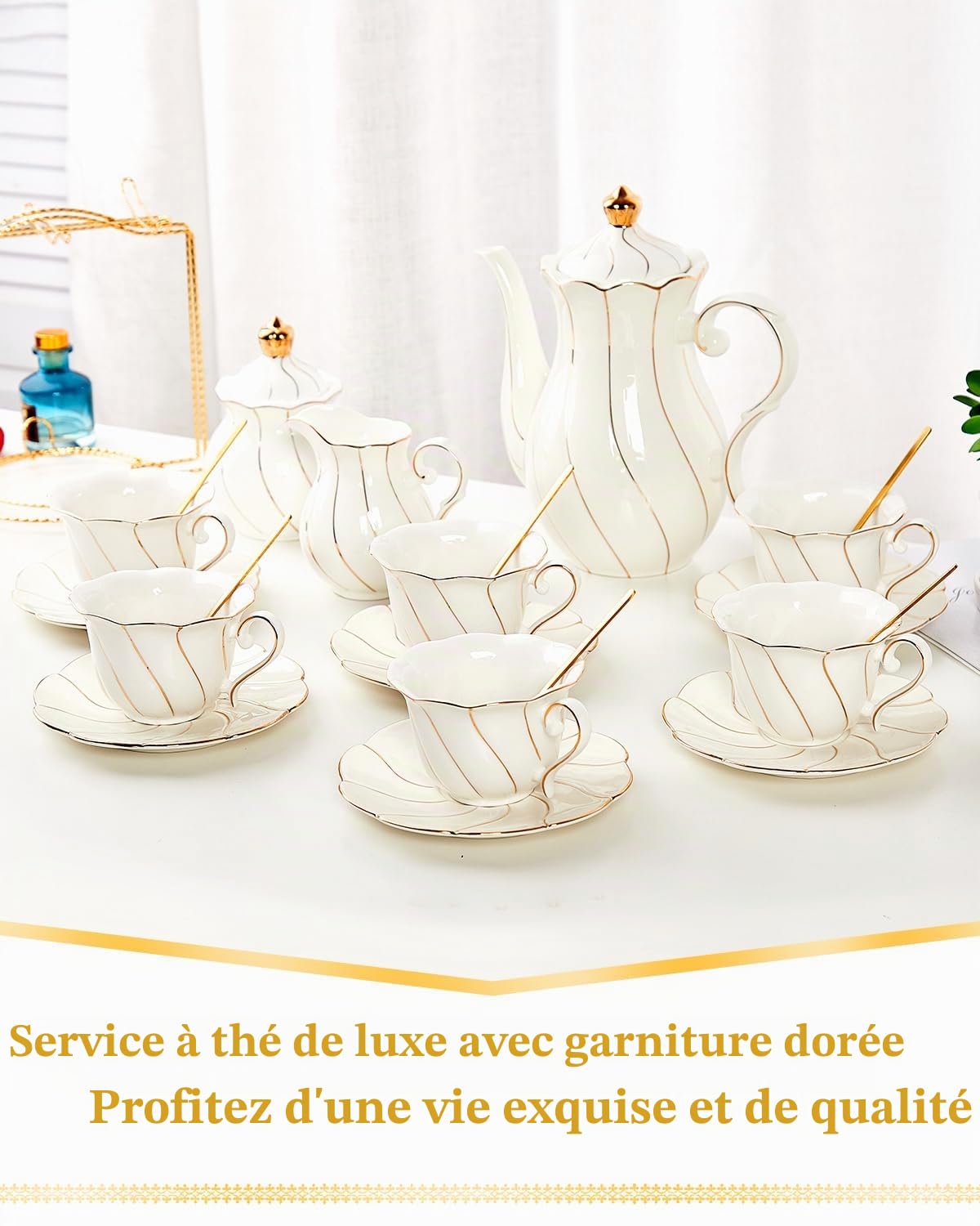 DUJUST Service à thé 22 pièces en porcelaine blanche pour 6 personnes, ensemble de tasses à thécafé de luxe de style britannique avec bordure dorée, beau service à thé pour femme, ensemble de thé,