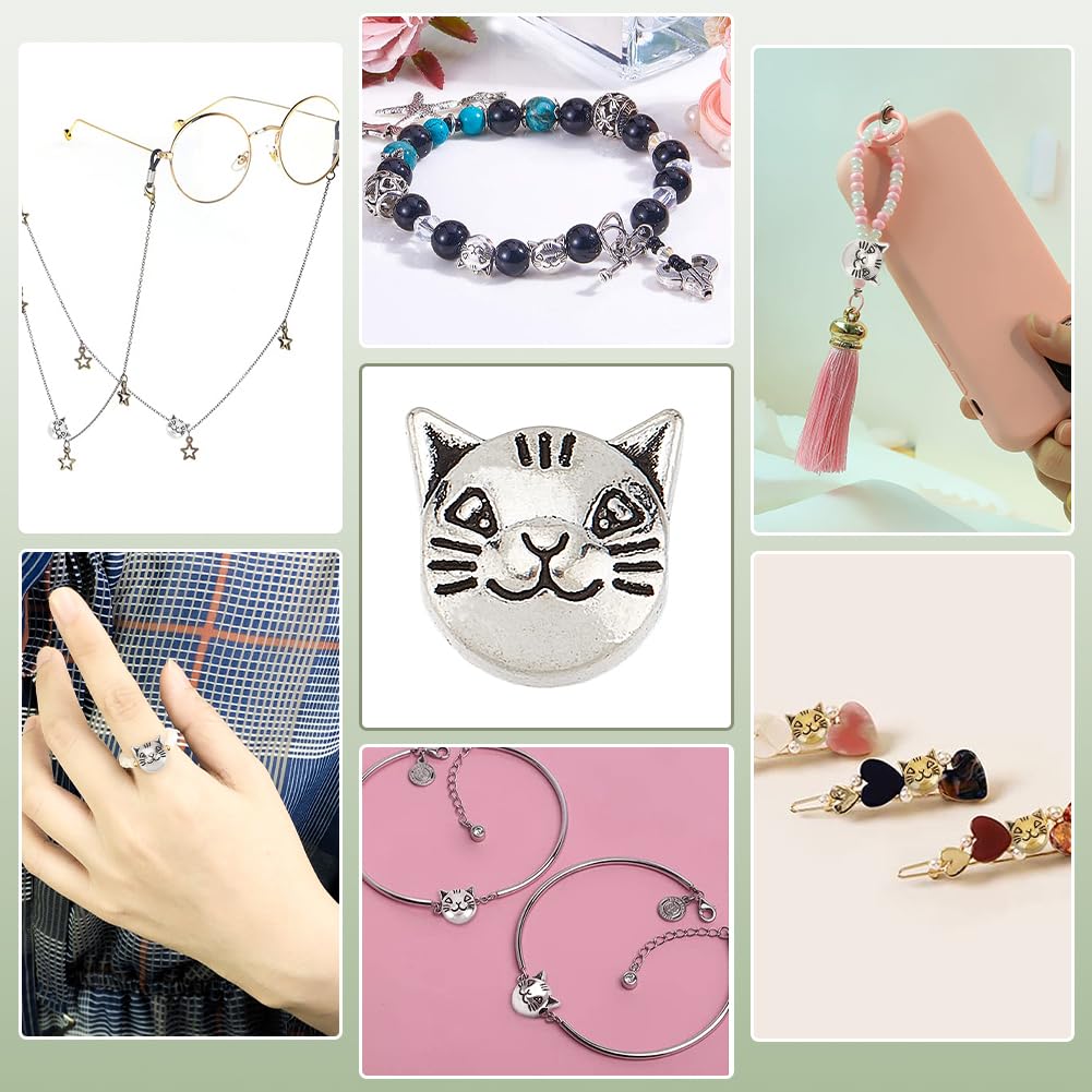 100 cuentas espaciadoras de gato de 0.315 x 0.315 in, aleación tibetana, cuentas de cabeza de gatito, cuentas de cabeza de gato de plata antigua para pulseras, collares, aretes 6