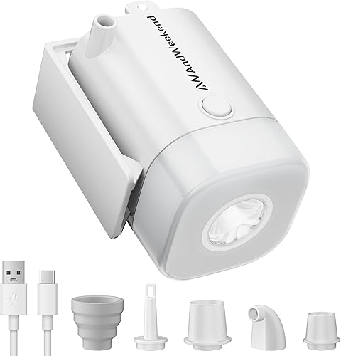 THE WEEKEND Bomba de aire portátil para inflables con linterna de campamento, bomba de colchón de aire pequeña de 3 kPa con batería recargable de