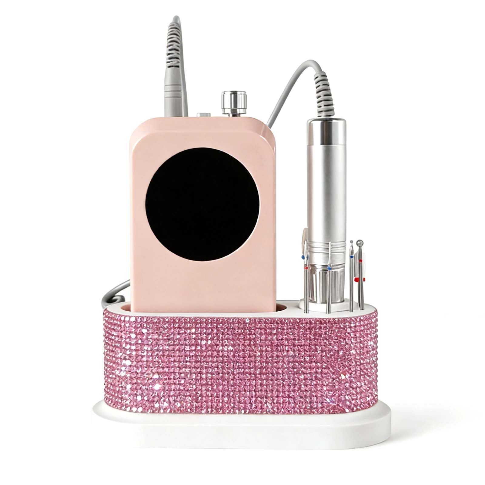 Nail Drill Holder and Grinding Bit Storage Box | 8-Bit Organizer for Nail Drill Machine | ABS Desktop Storage Case with Pink Rhinestones for Home & Salon Use
