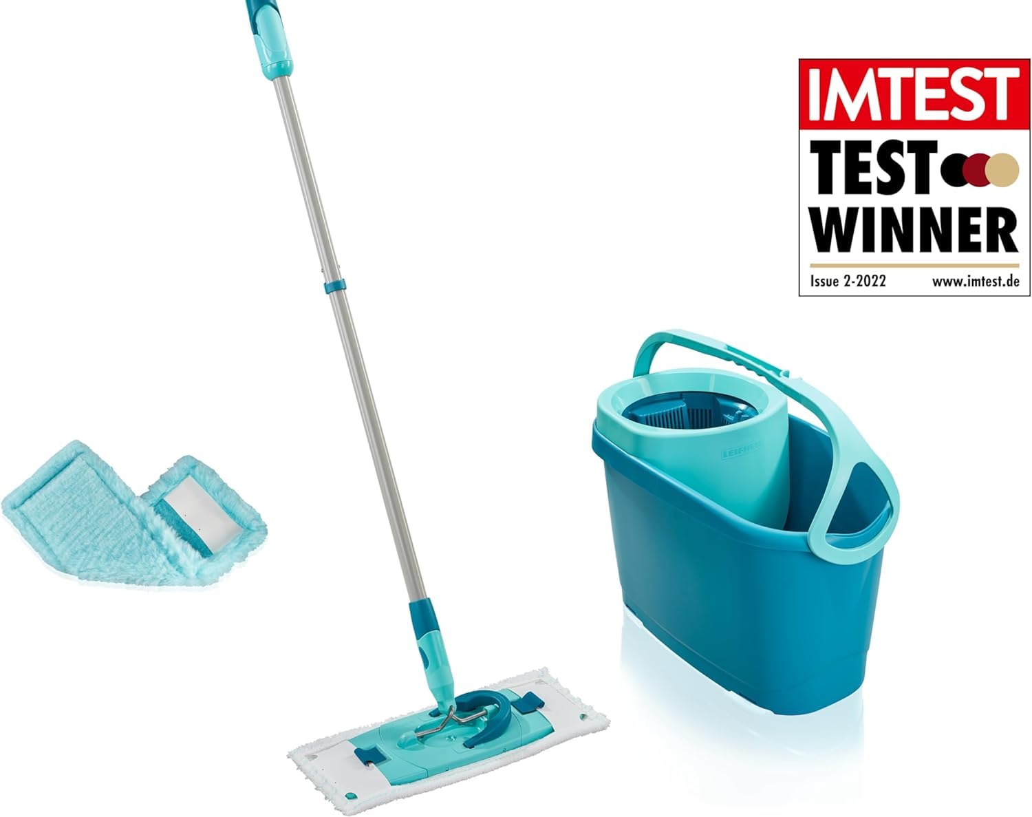 Leifheit Set Scopa Lavapavimenti CLEAN TWIST M Ergo, Strizzatura Rotante | Secchio 6 l con stop umidità, manico telescopico 110-140 cm, panno micro duo e duster static per pavimenti duri