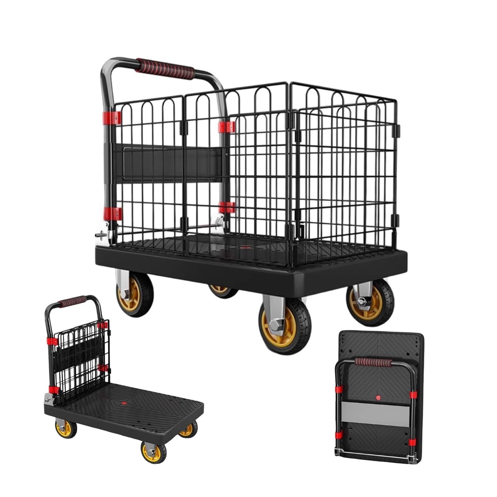 Składany wózek z platformą ze zdejmowaną klatką, wytrzymały wózek użytkowy do magazynu, artykułów spożywczych, pralni