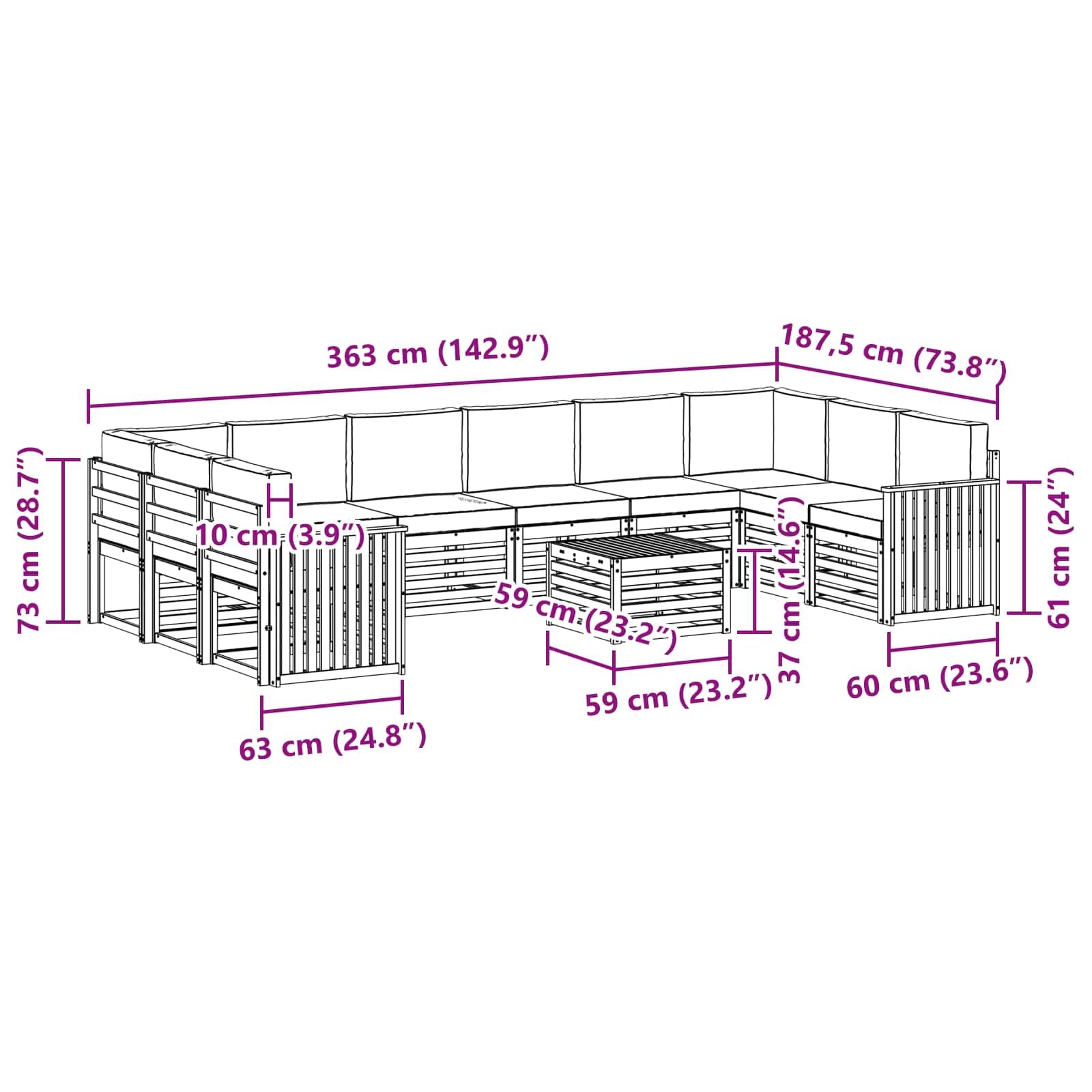 Gartenmöbelgarnitur 11-teilig aus massivem Akazienholz wetterfestes Design für Terrasse Balkon und Garten, modulare Sitzgruppe mit Tisch, Sofas, Stühlen