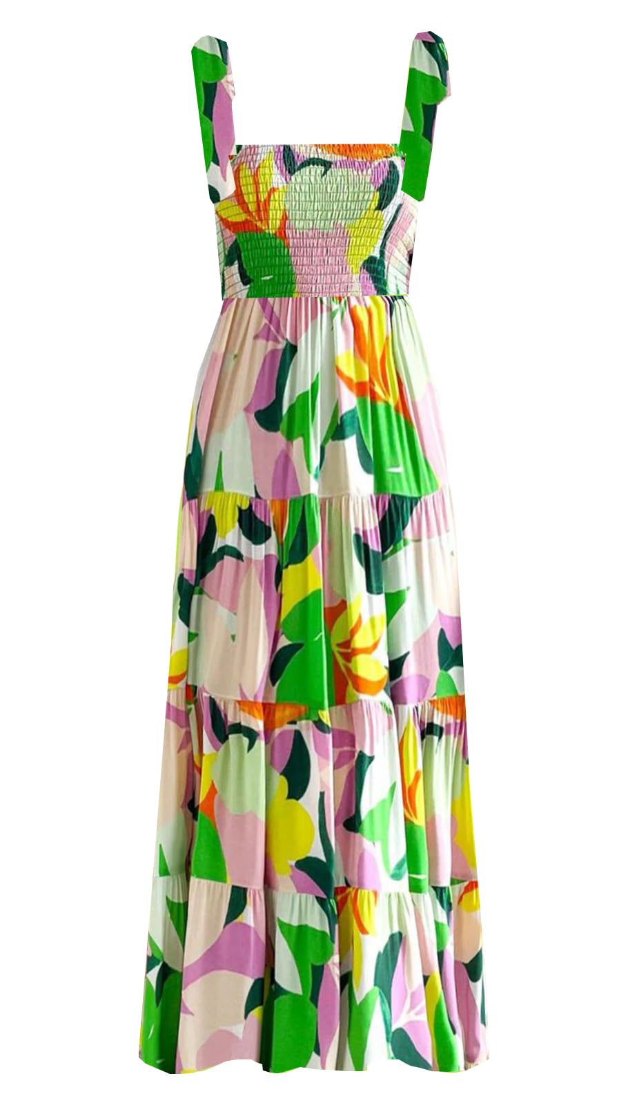 kinstell Women's Summer Boho Spaghetti Strap Square Neck Ruffle Casual Flowy Long Dress Beach Swing Party Maxi Dress