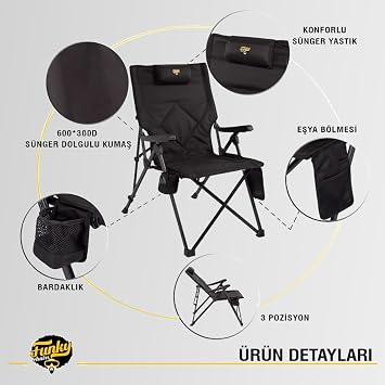 FUNKY CHAIRS Comfort 3 Kademeli Katlanabilir Kamp Sandalyesi Siyah