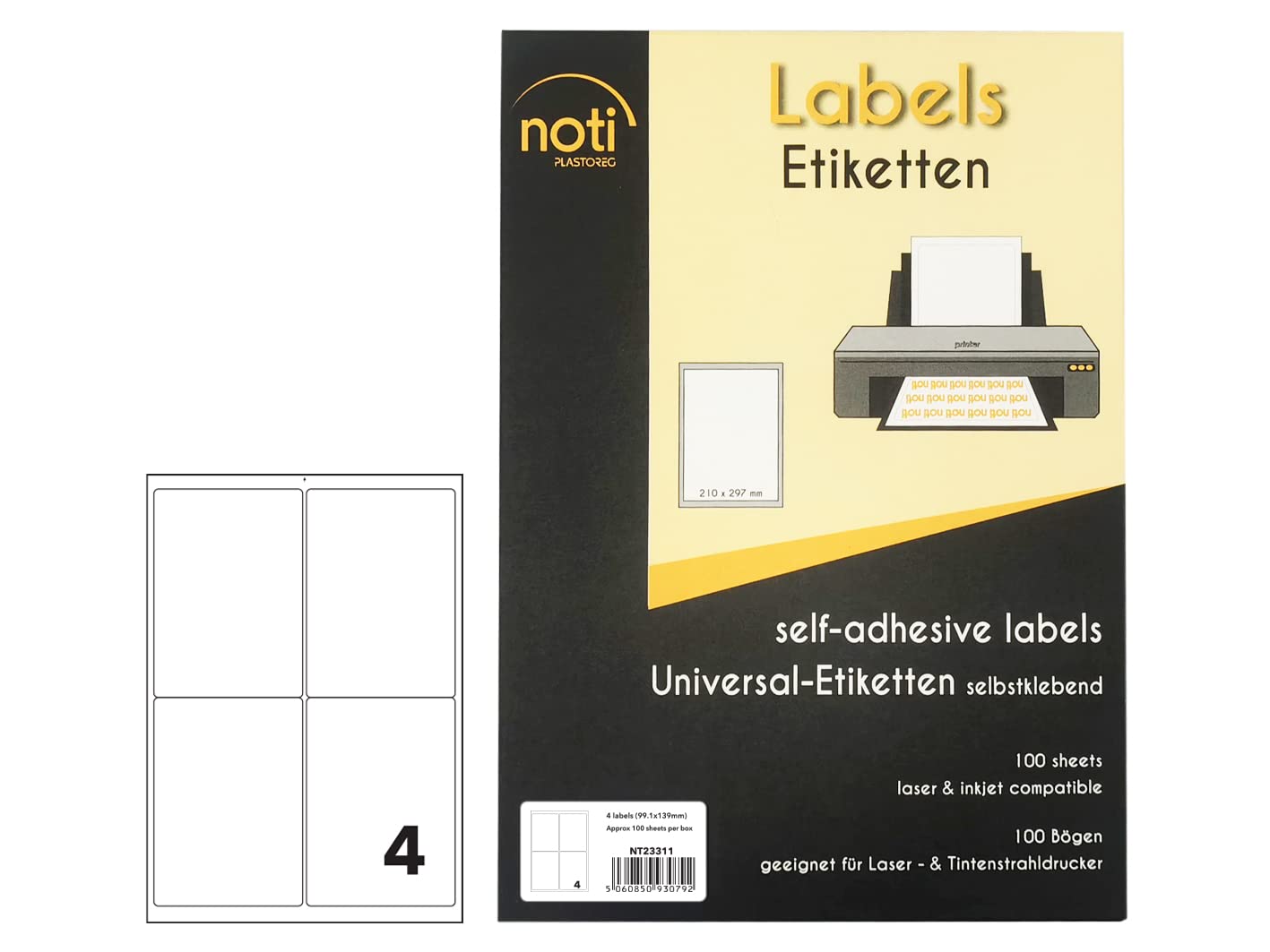 NOTI 4 Labels per A4 Sheet, 100 Sheets 400 Labels, Multi-Purpose Self Adhesive Address Mailing Printer Sticker Labels 99.1 x 139mm