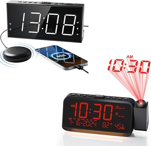 Miniatura 1 de Roxicosly Reloj despertador de proyección dígitos blancos proyección roja+despertador súper fuerte con agitador de cama 2 unids