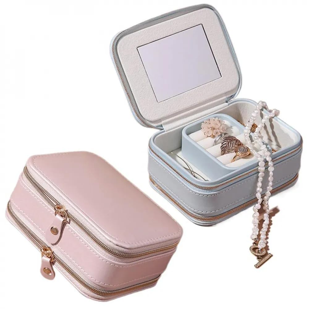Double Zipper Jewelry Portable Storage Box Ring Earrings Necklace Jewelry Box PU Leather Lipstick Makeup Box
