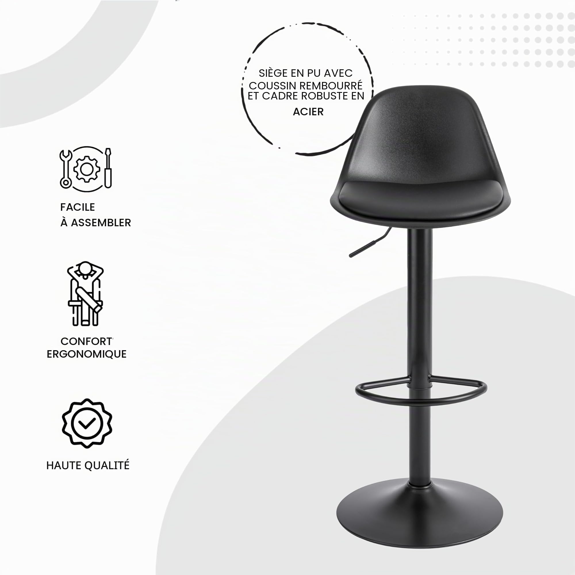 Baroni Home Tabouret de Bar pivotant avec Dossier et Coussin, Chaise Haute avec Hauteur réglable et Repose-Pieds, Fond Anti-Rayures, Salle à Manger, Restaurant, Bar, Noir, 1 pièce, 39x44x82-104 cm
