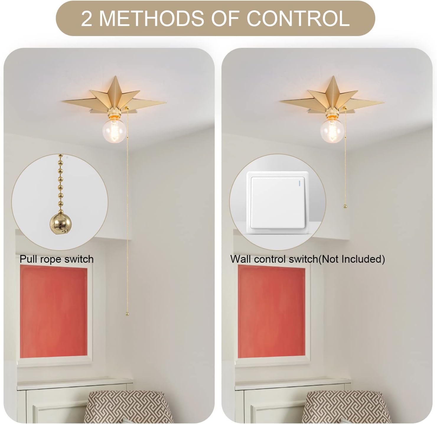 VILUXY Flush Mount Ceiling Light, Gold Star Light Fixtures Mini Ceiling Lamps with Pull Chain On/Off Switch for Hallway, Entryway, Study Room, Bedroom