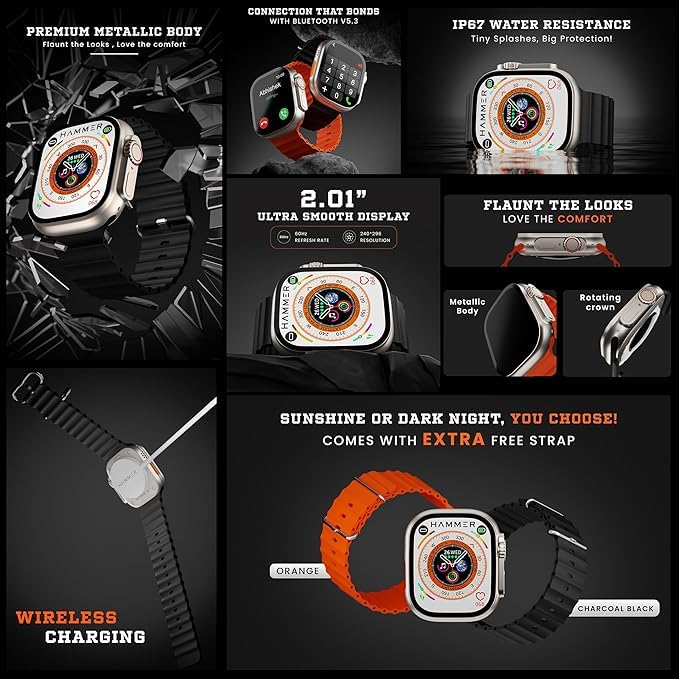 Image of T900 Ultra Smart Watch 2.09 inch + Free Black Strip Infinite Display, 49 mm Titanium Built, Bluetooth Calling, Heart Rate Tracking & SpO2 Monitoring, IP68, Fast Charging 2024 Orange+Black